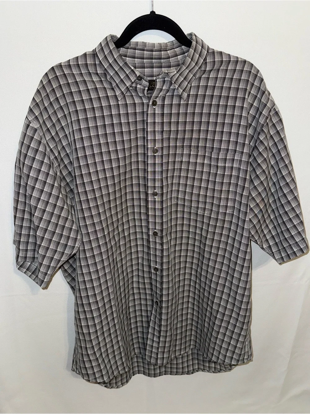 Men's Bugatchi Uono Short-Sleeve Black/White Plaid Button-Up Shirt - Size Large